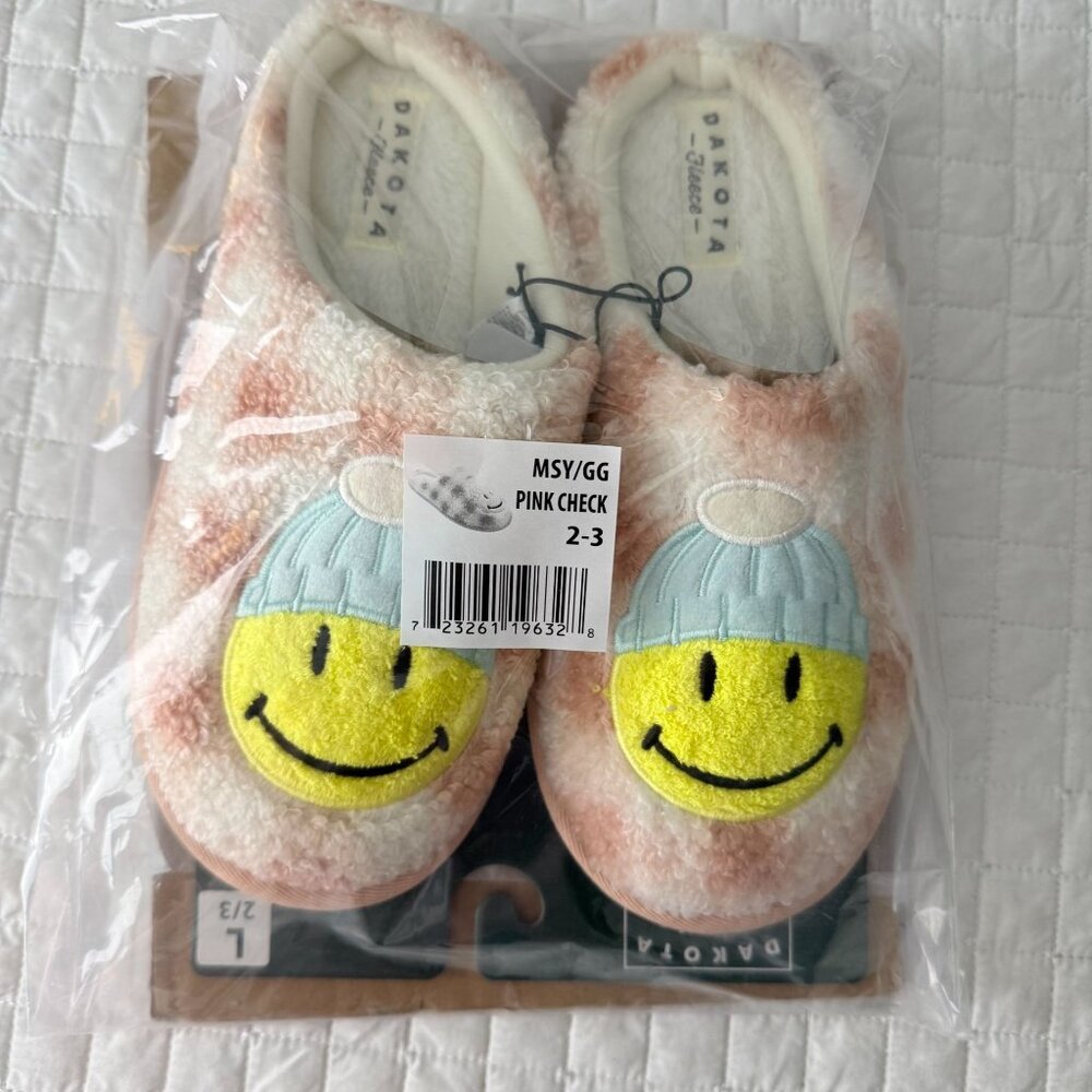 Dakota Fleece Girls Slippers Pink Check Size L 2-3 Smiley Face Design